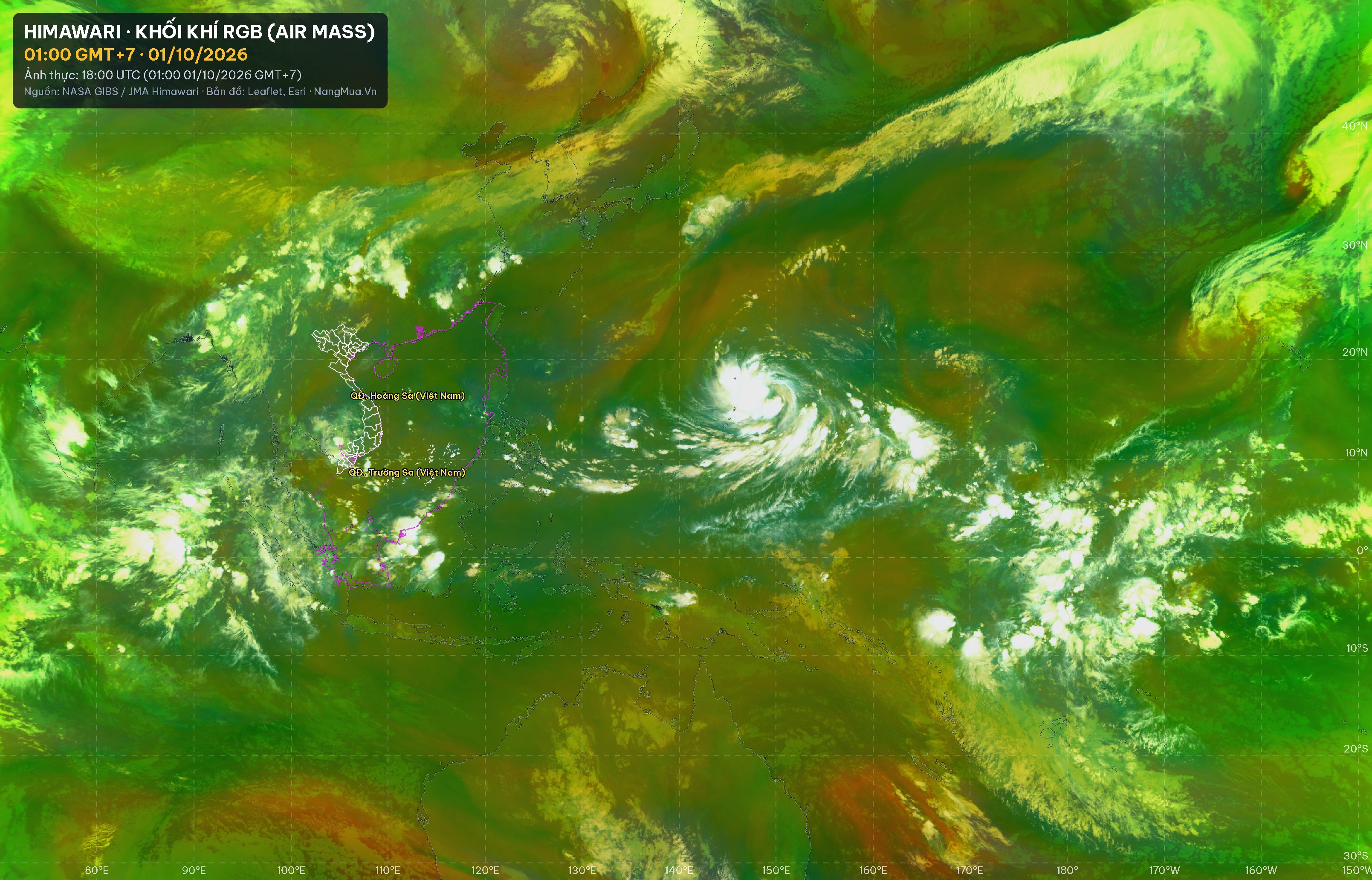 Ảnh Himawari khối khí RGB lúc 01:00 · 01/10/2026