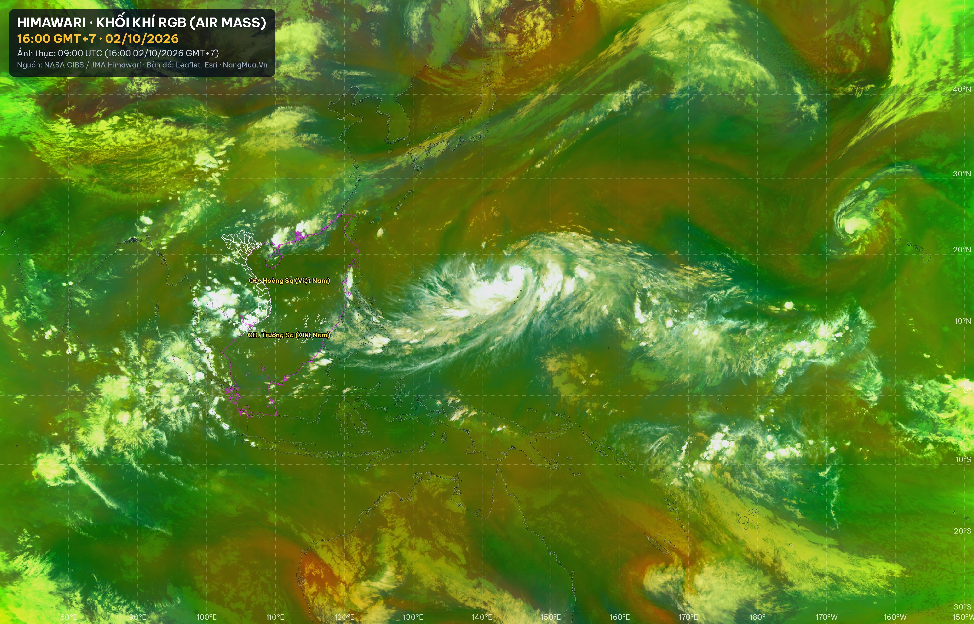 Ảnh Himawari khối khí RGB lúc 16:00 · 02/10/2026