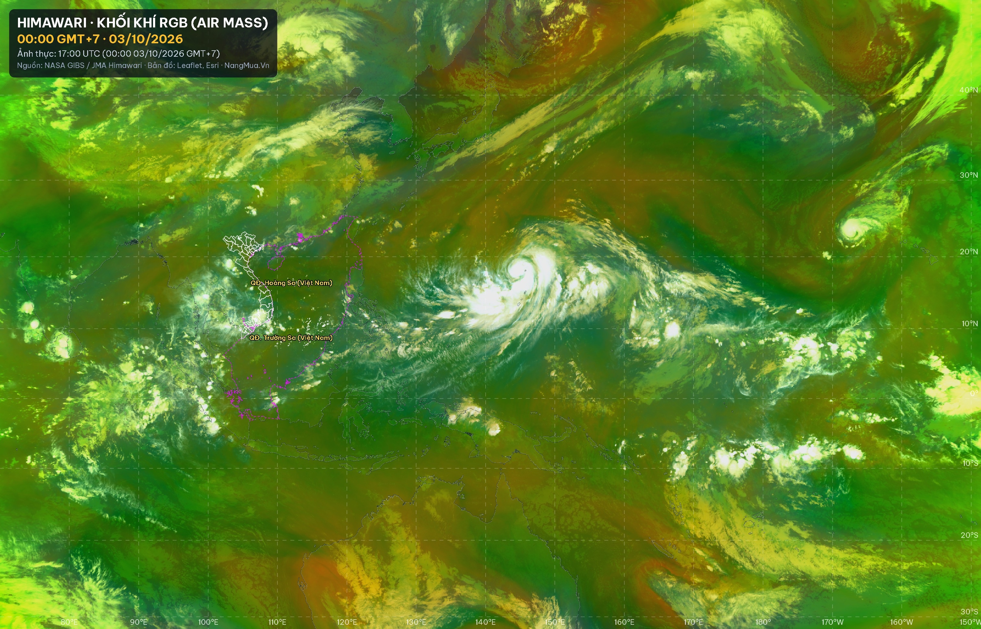 Ảnh Himawari khối khí RGB lúc 00:00 · 03/10/2026