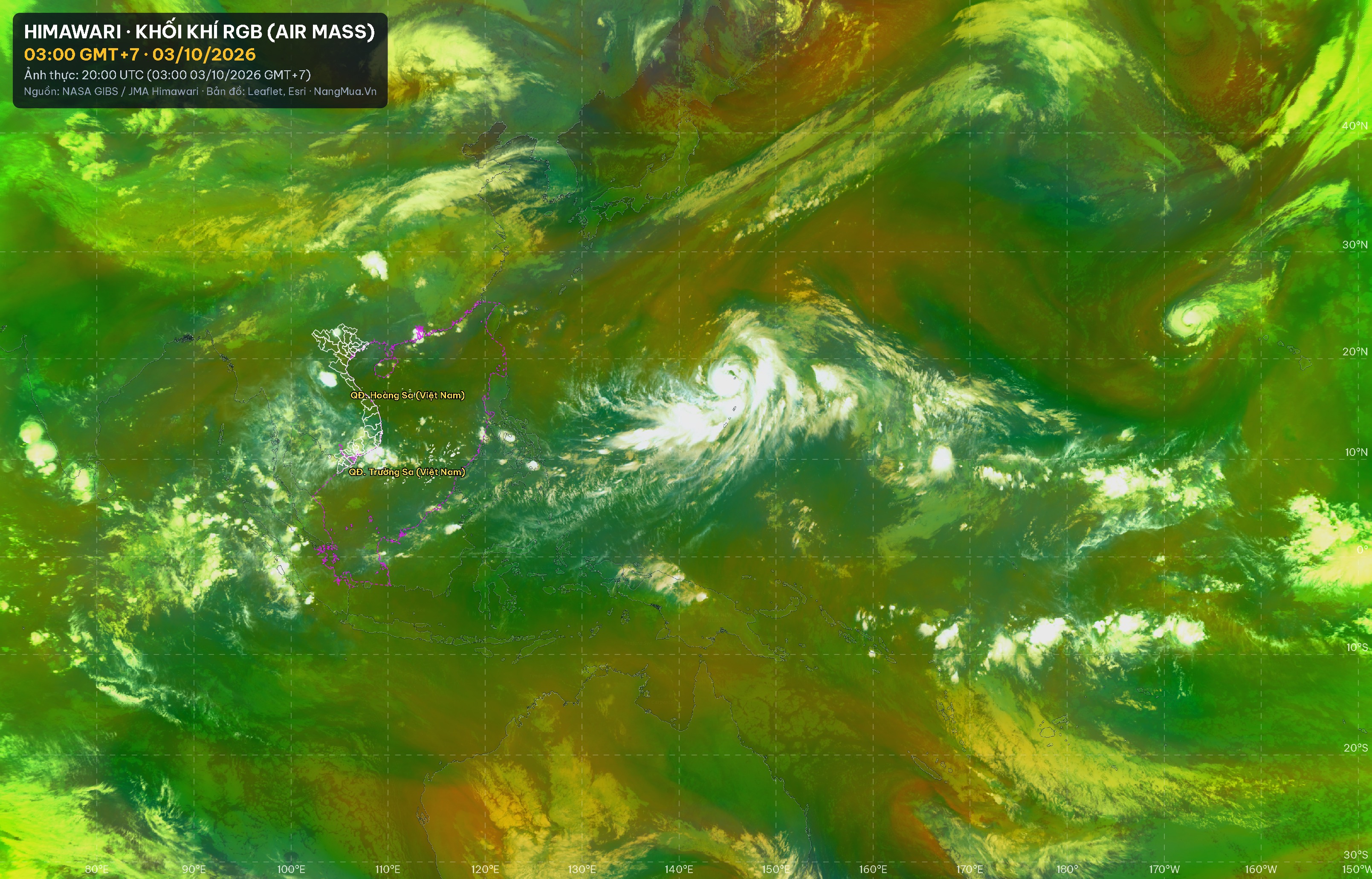 Ảnh Himawari khối khí RGB lúc 03:00 · 03/10/2026