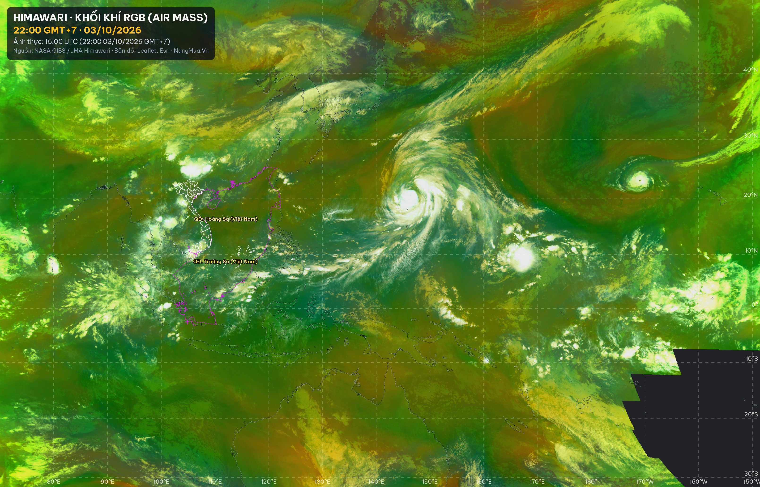 Ảnh Himawari khối khí RGB lúc 22:00 · 03/10/2026