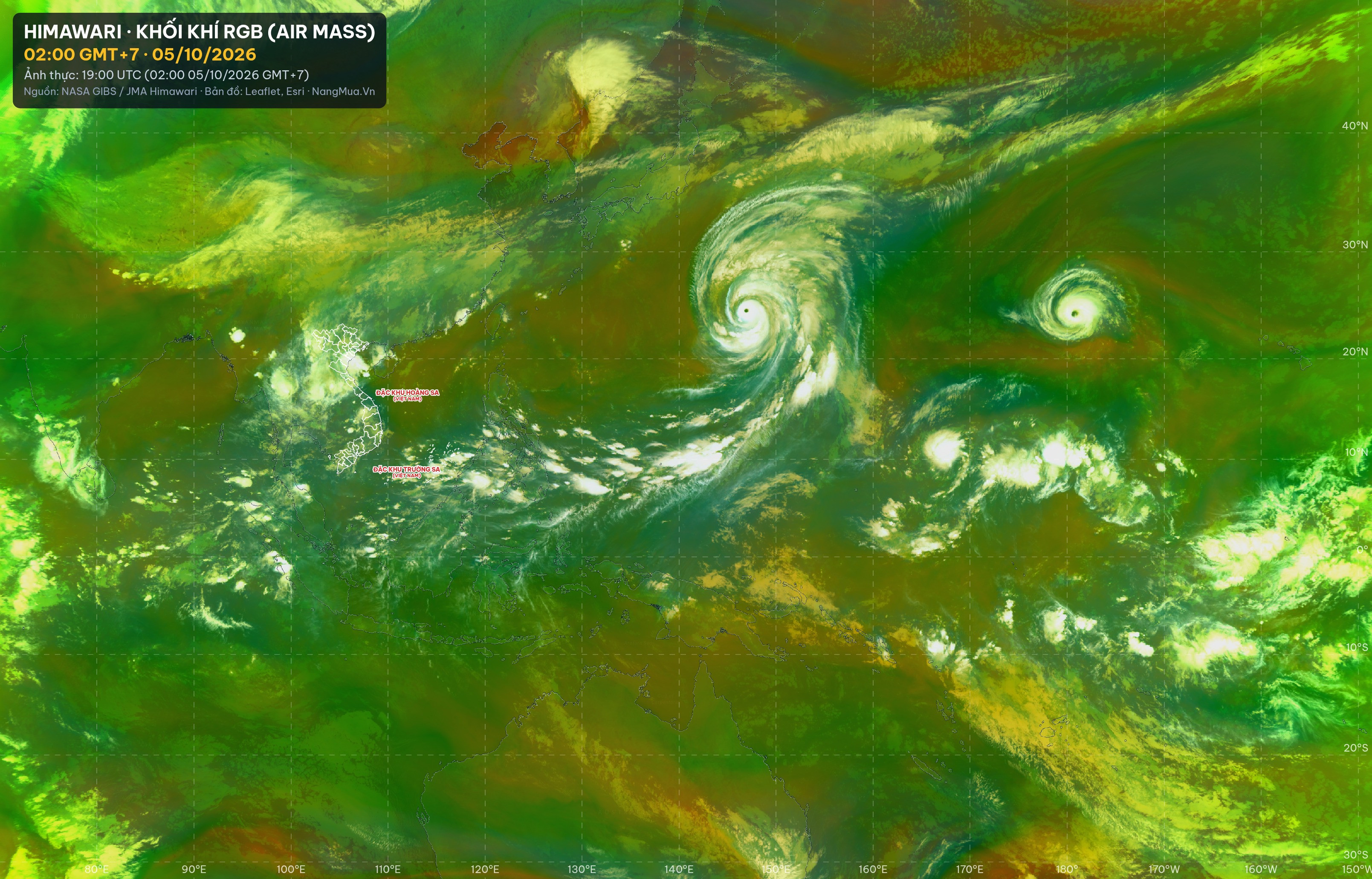 Ảnh Himawari khối khí RGB lúc 02:00 · 05/10/2026