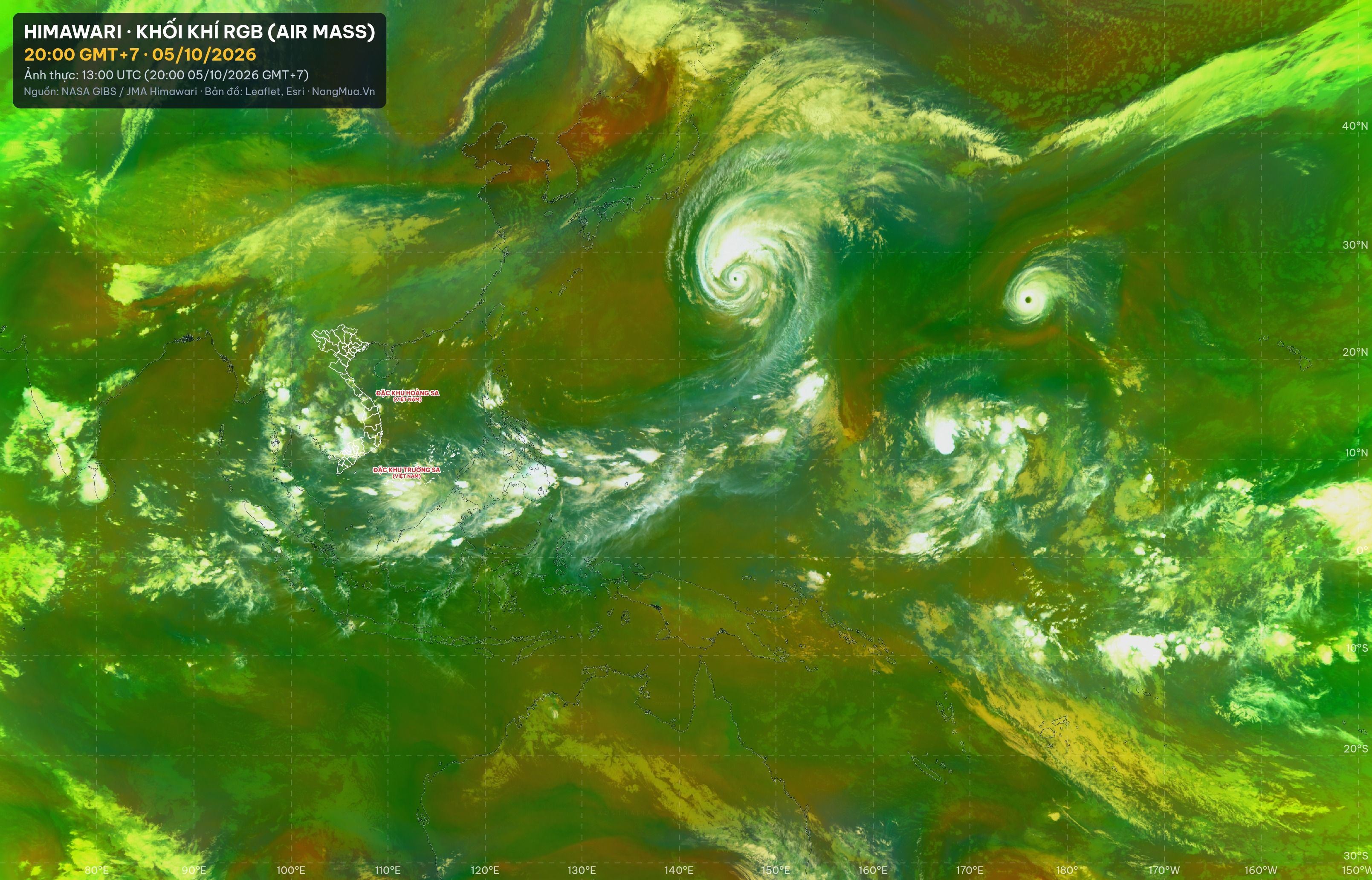 Ảnh Himawari khối khí RGB lúc 20:00 · 05/10/2026