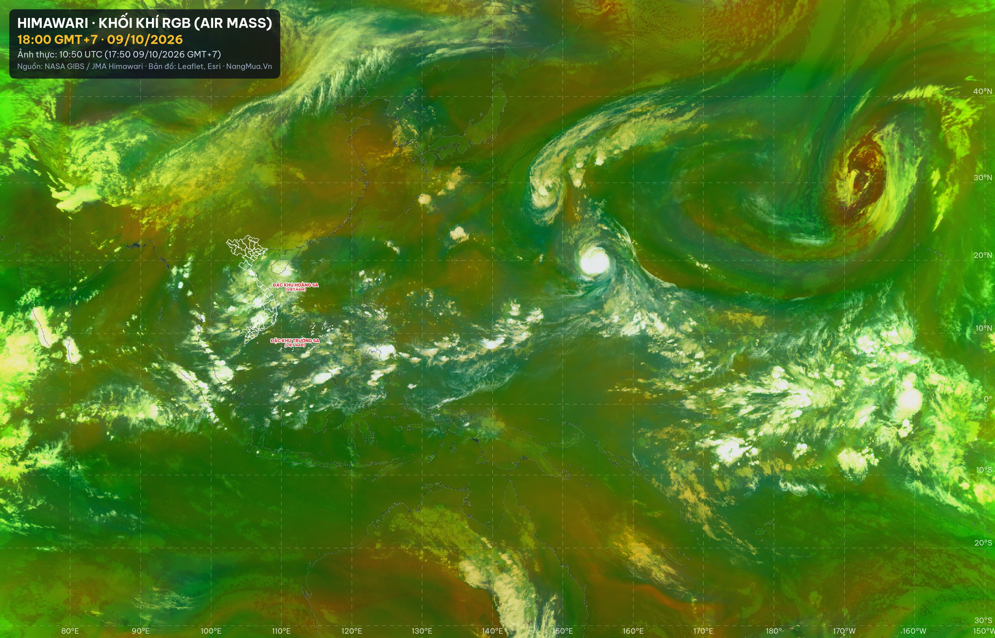 Ảnh Himawari khối khí RGB lúc 18:00 · 09/10/2026