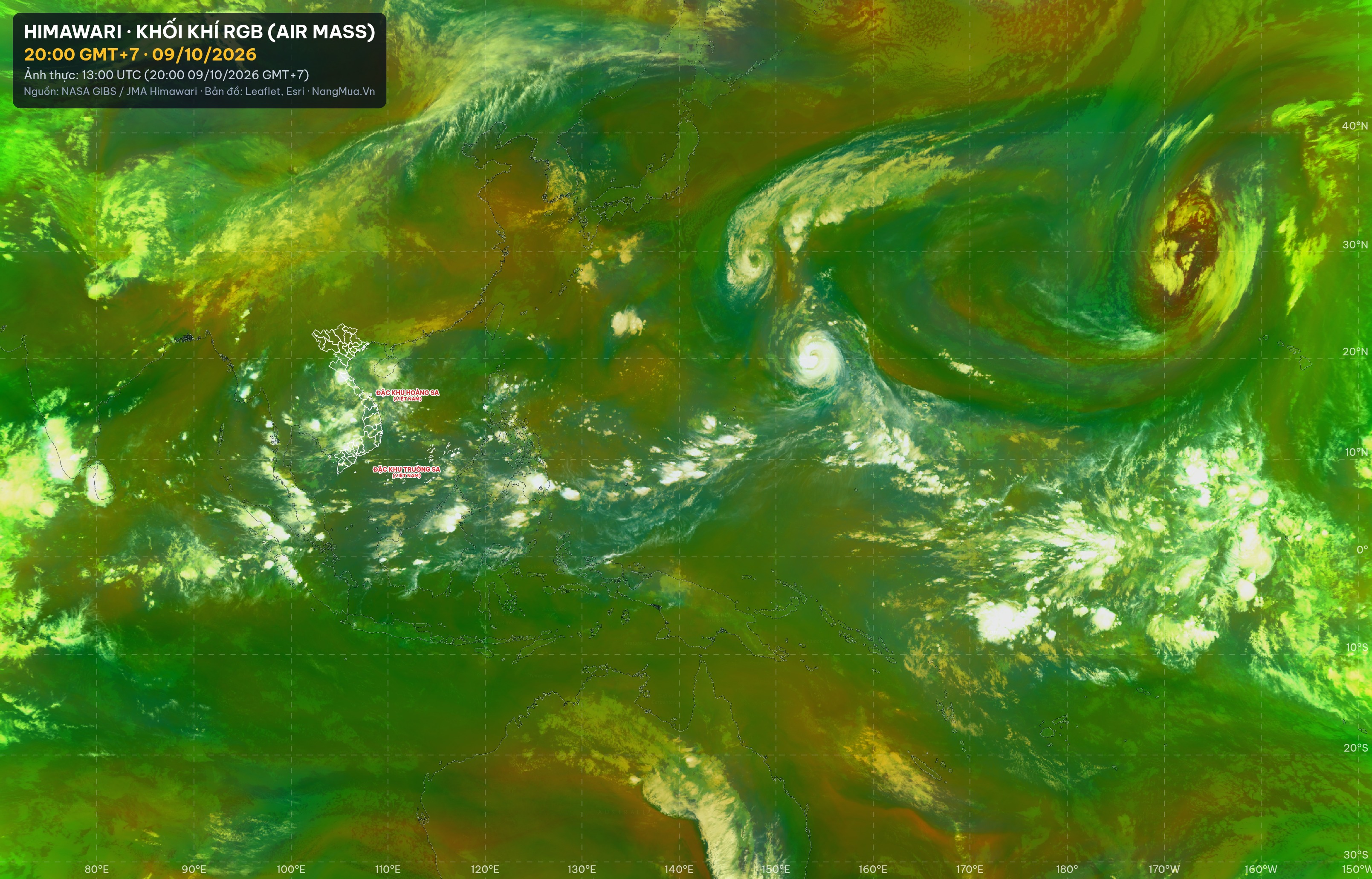Ảnh Himawari khối khí RGB lúc 20:00 · 09/10/2026
